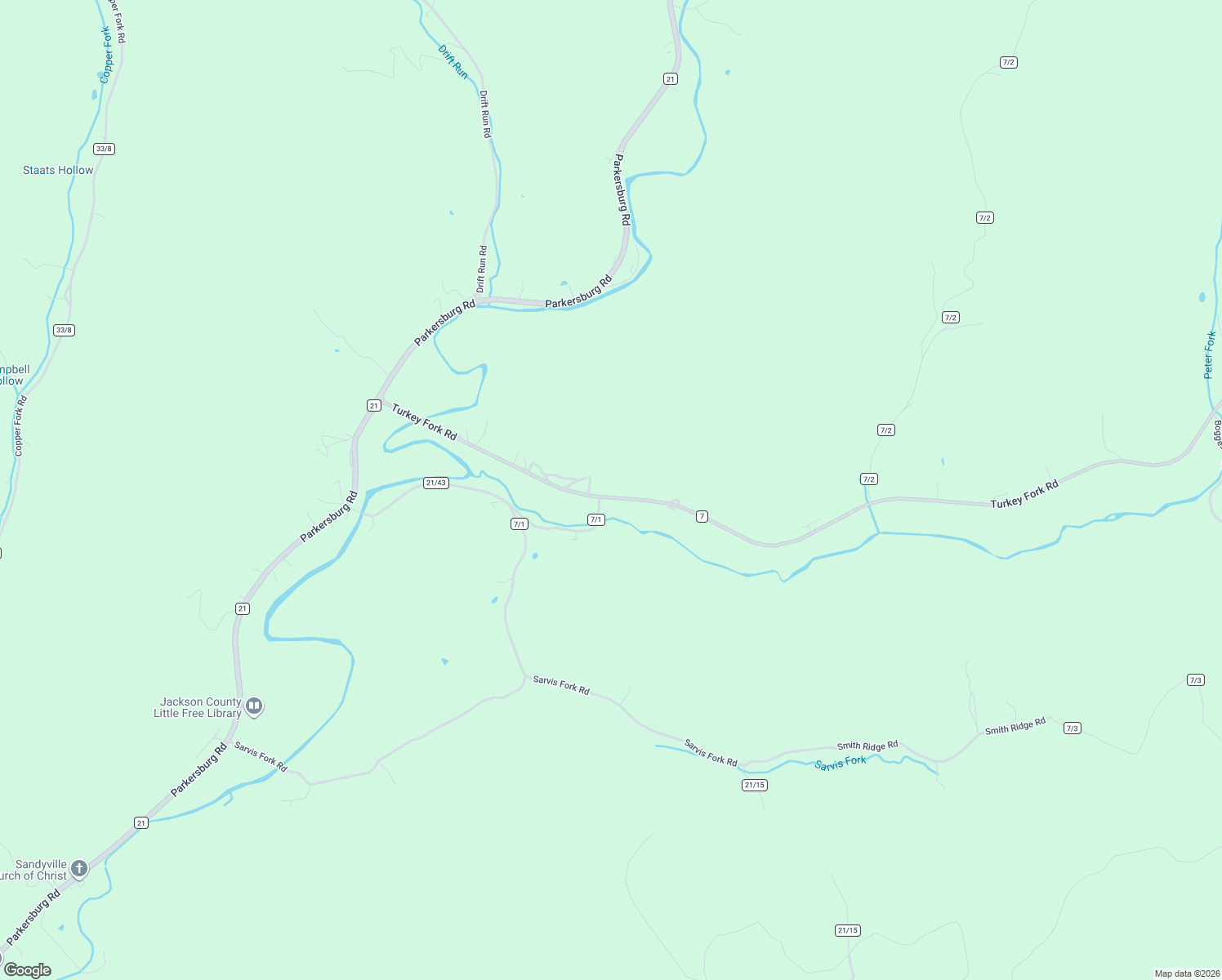 map of restaurants, bars, coffee shops, grocery stores, and more near 723 Turkey Fork Road in Sandyville