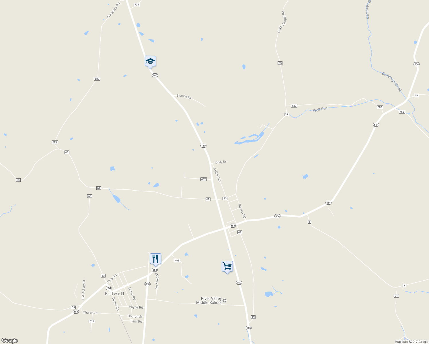 map of restaurants, bars, coffee shops, grocery stores, and more near 245 Airline Road in Vinton