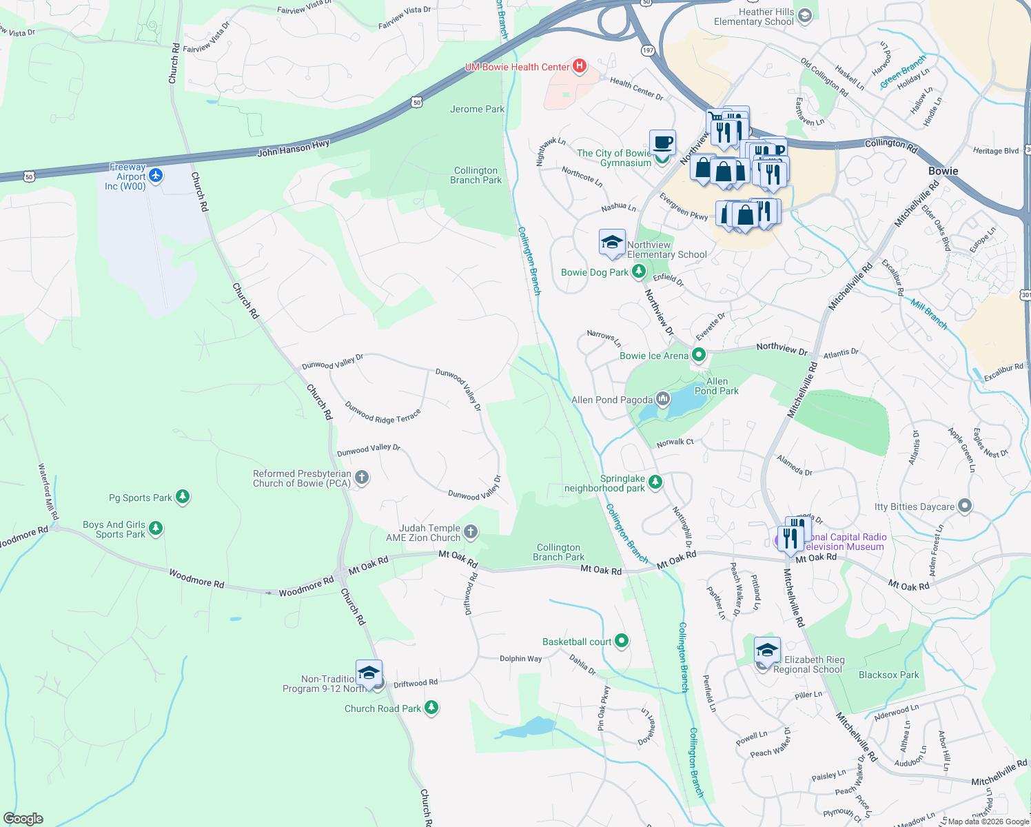 map of restaurants, bars, coffee shops, grocery stores, and more near 3206 Alysheba Court in Bowie