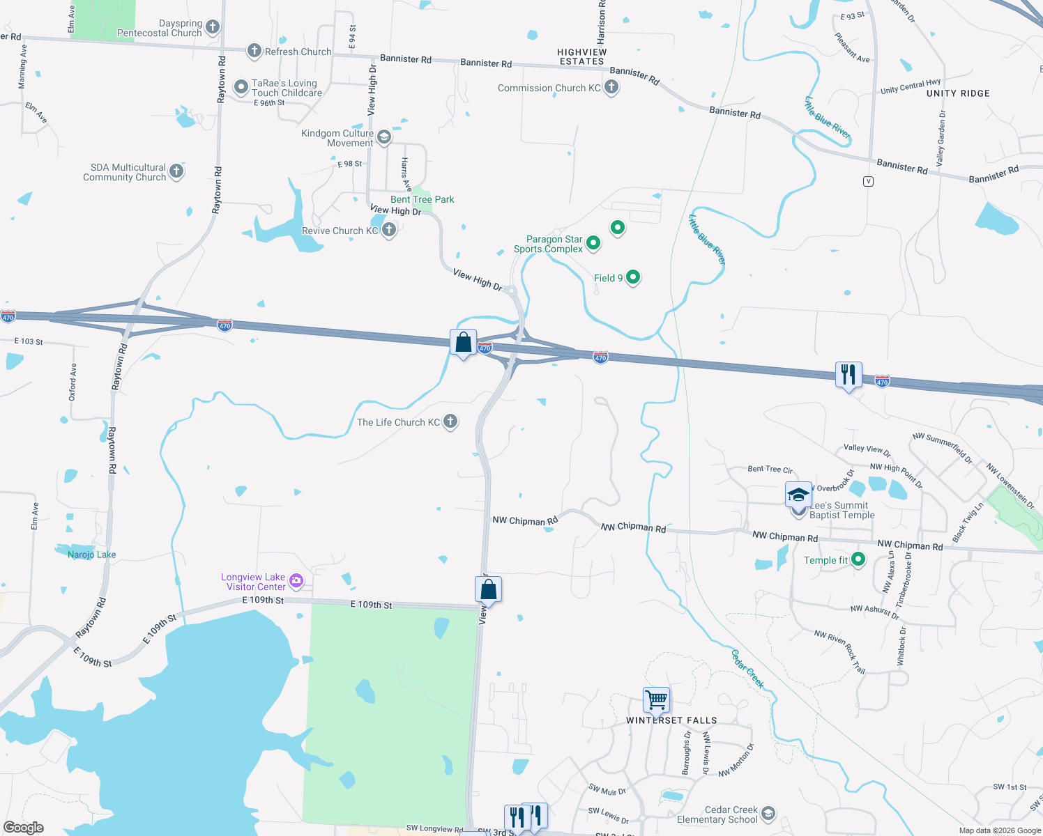 map of restaurants, bars, coffee shops, grocery stores, and more near 901 Northwest Old View High Road in Lee's Summit