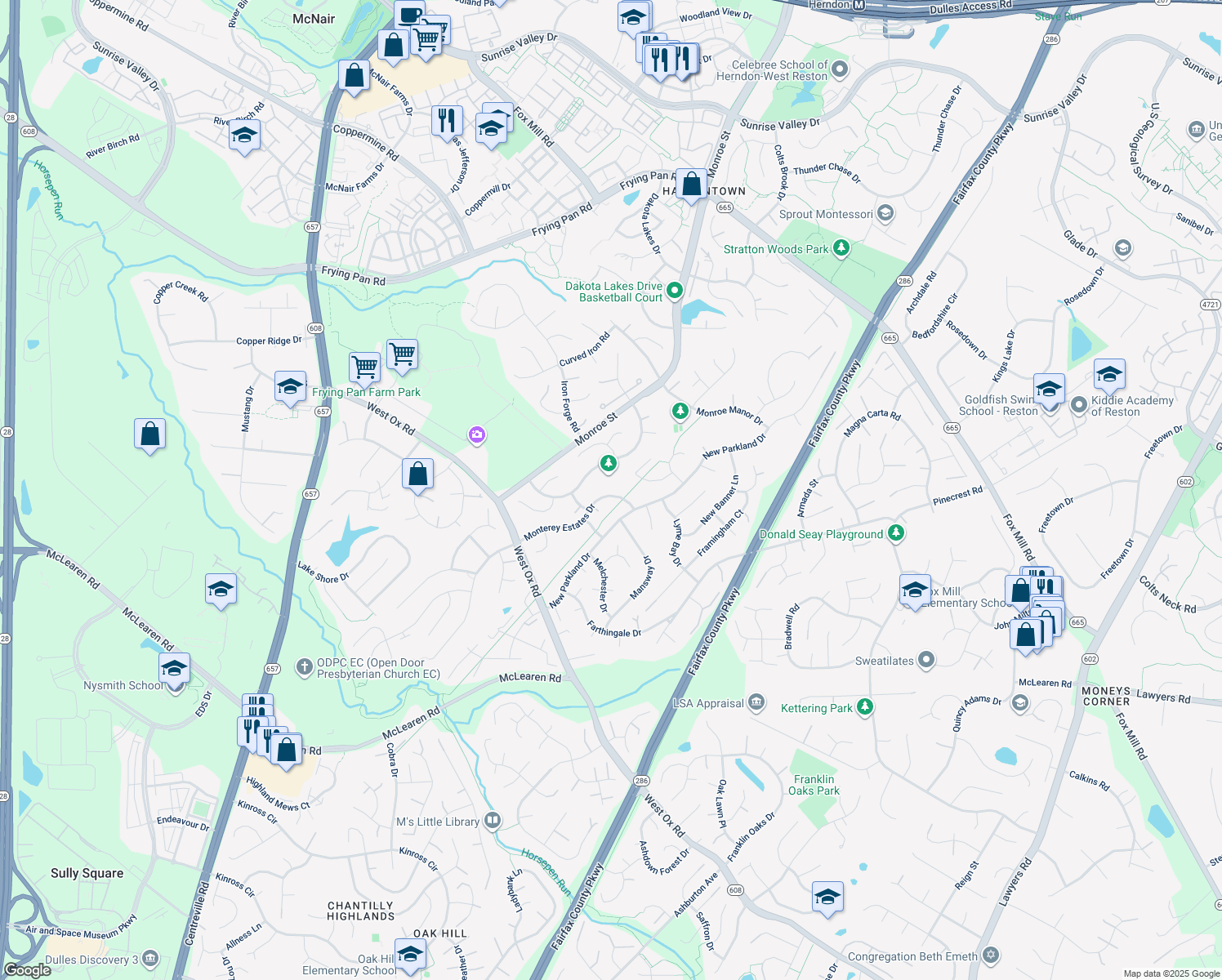 map of restaurants, bars, coffee shops, grocery stores, and more near 13032 Monterey Estates Drive in Herndon