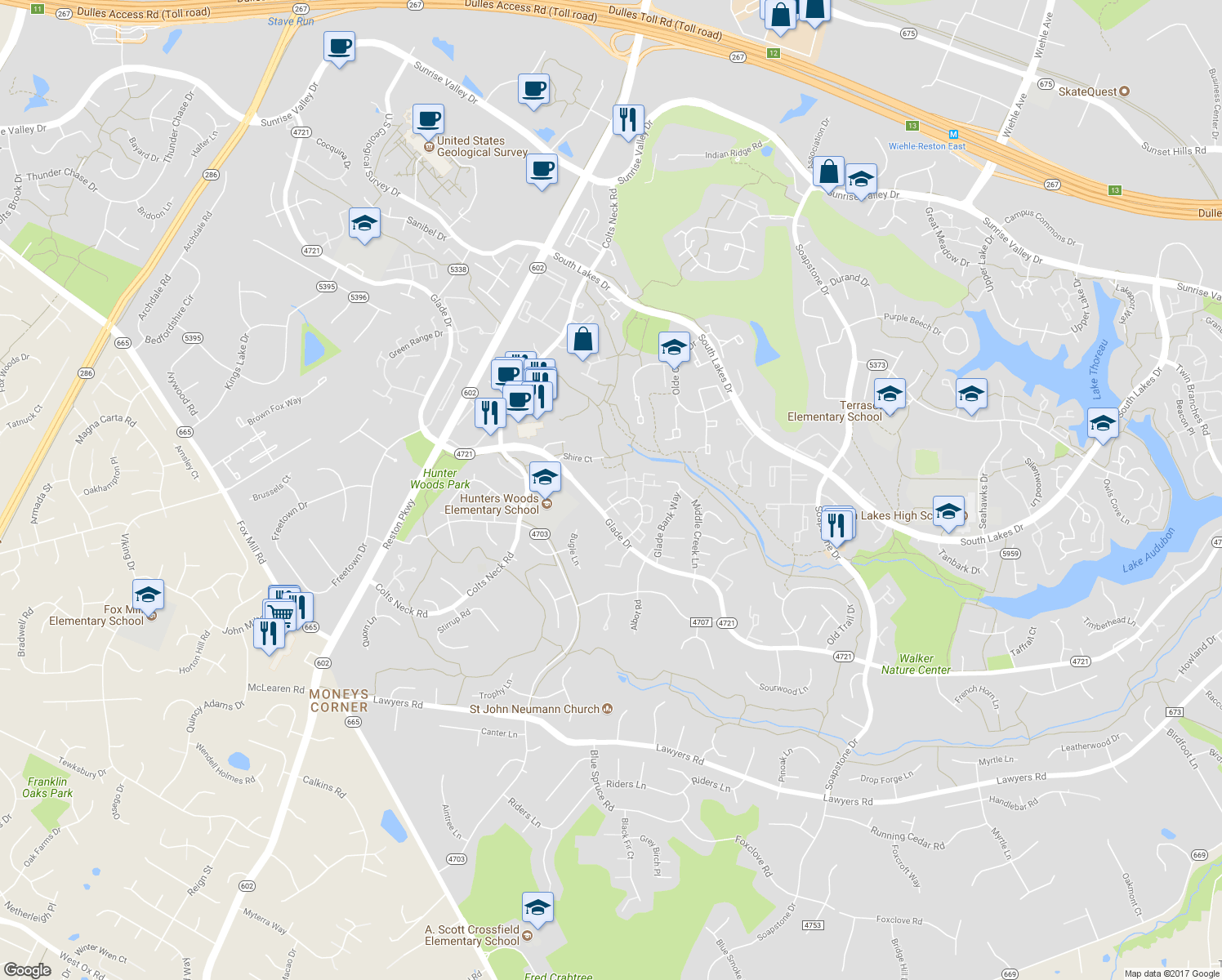 map of restaurants, bars, coffee shops, grocery stores, and more near 11963 Heathcote Court in Reston