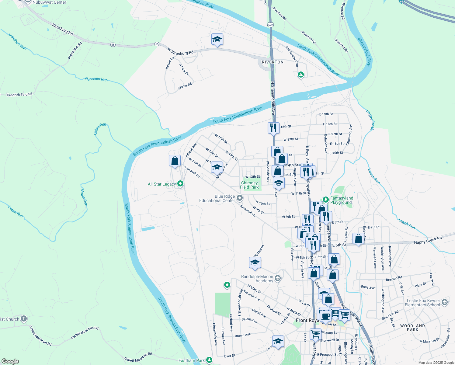 map of restaurants, bars, coffee shops, grocery stores, and more near 619 W 11th St in Front Royal