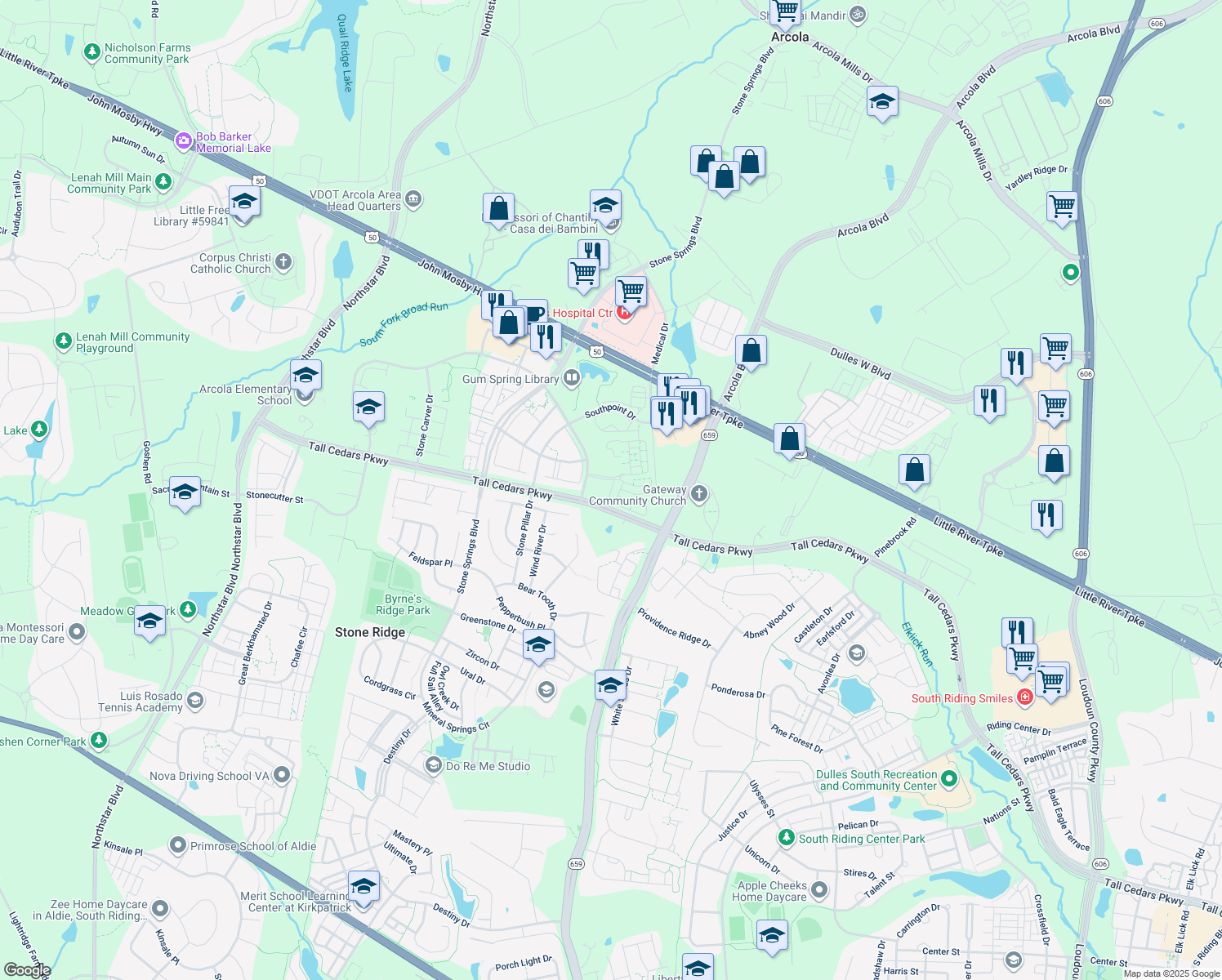 map of restaurants, bars, coffee shops, grocery stores, and more near 24745 Stone Station Terrace in Aldie