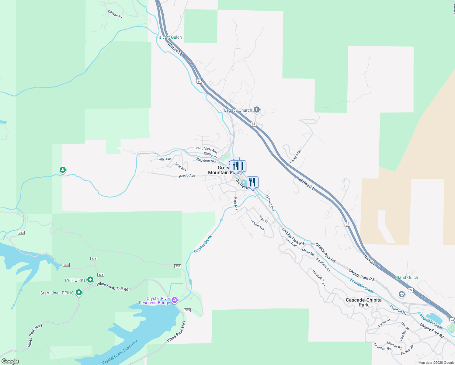 map of restaurants, bars, coffee shops, grocery stores, and more near 10580 Foster Ave in Green Mountain Falls