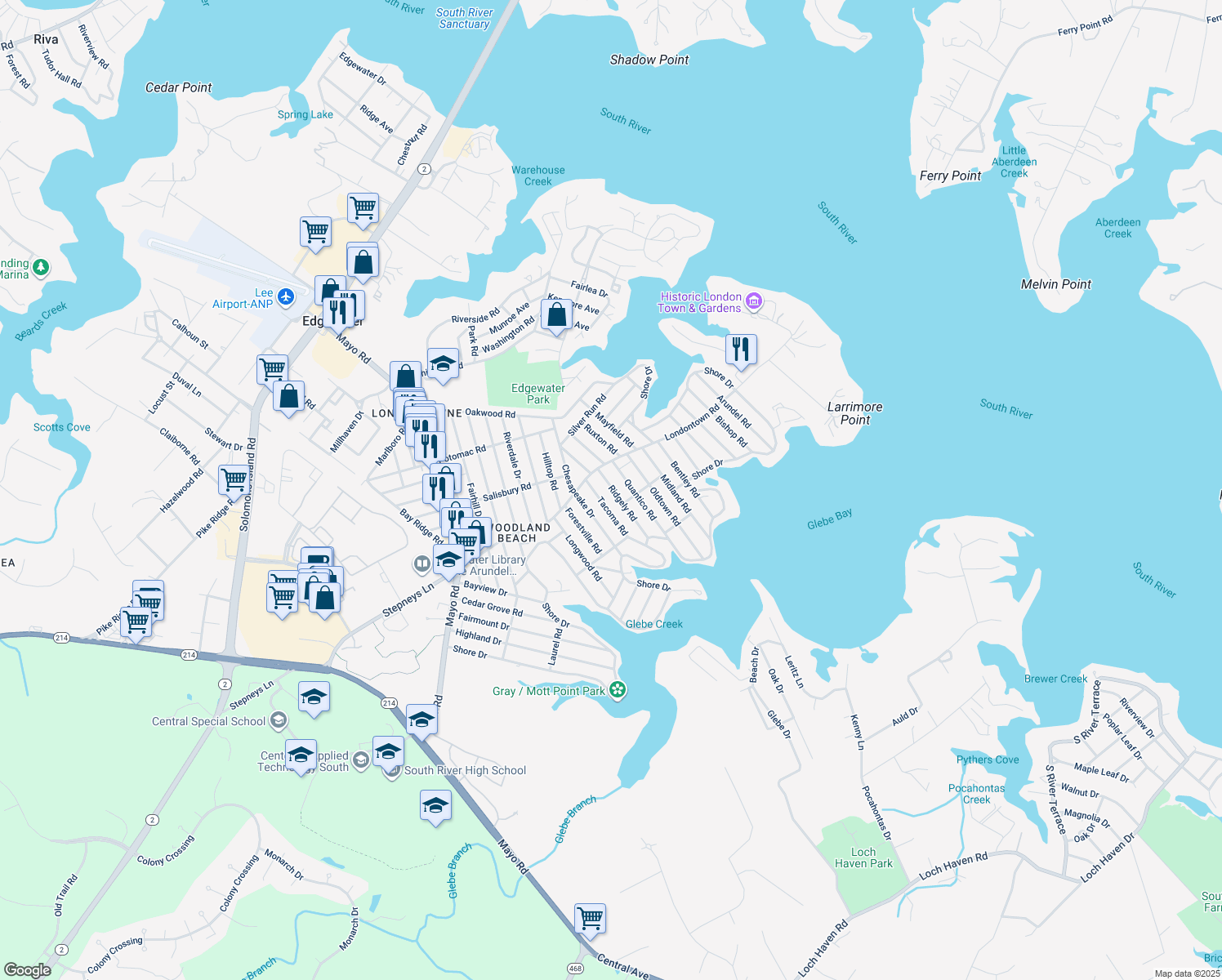 map of restaurants, bars, coffee shops, grocery stores, and more near 1712 Ridgely Road in Edgewater