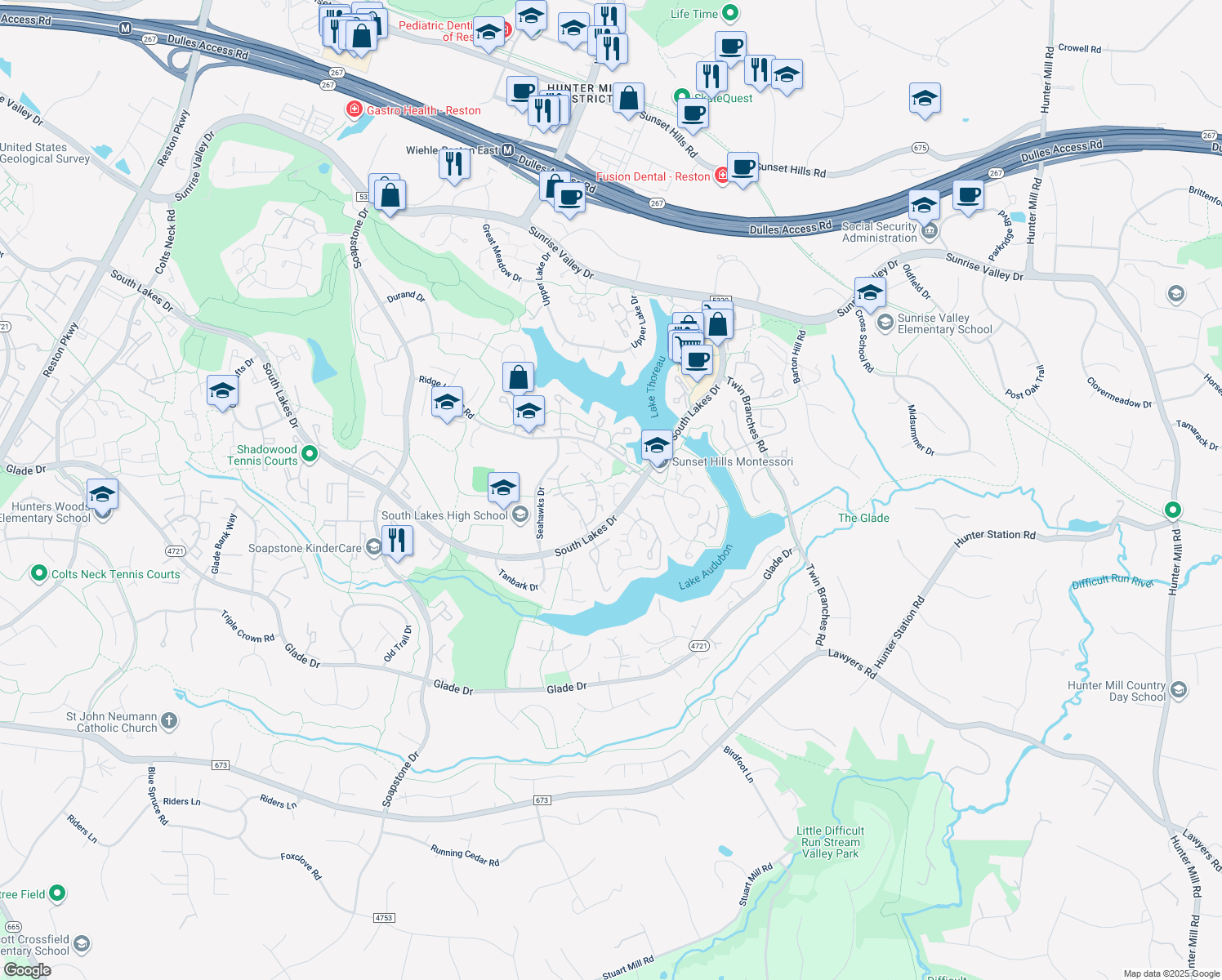 map of restaurants, bars, coffee shops, grocery stores, and more near 2118 Salt Kettle Way in Reston