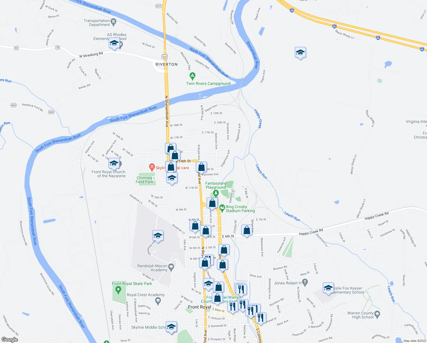 map of restaurants, bars, coffee shops, grocery stores, and more near 106 Fairview Avenue in Front Royal
