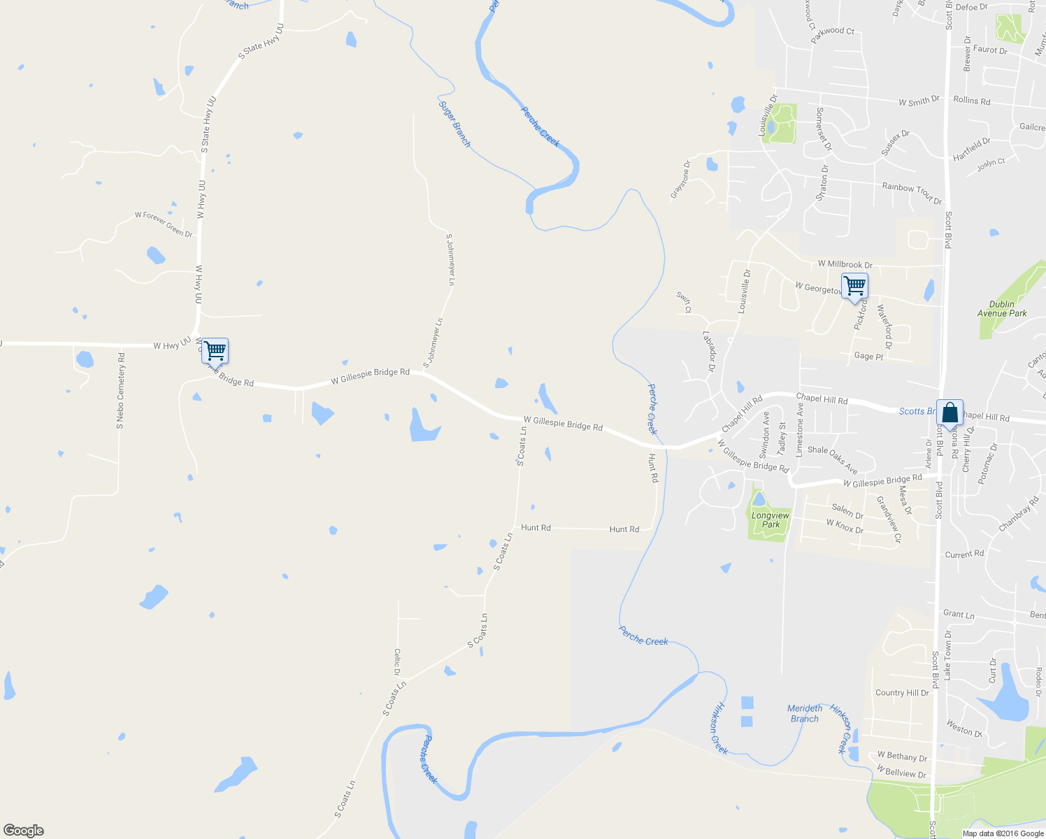 map of restaurants, bars, coffee shops, grocery stores, and more near 6100 West Gillespie Bridge Road in Columbia