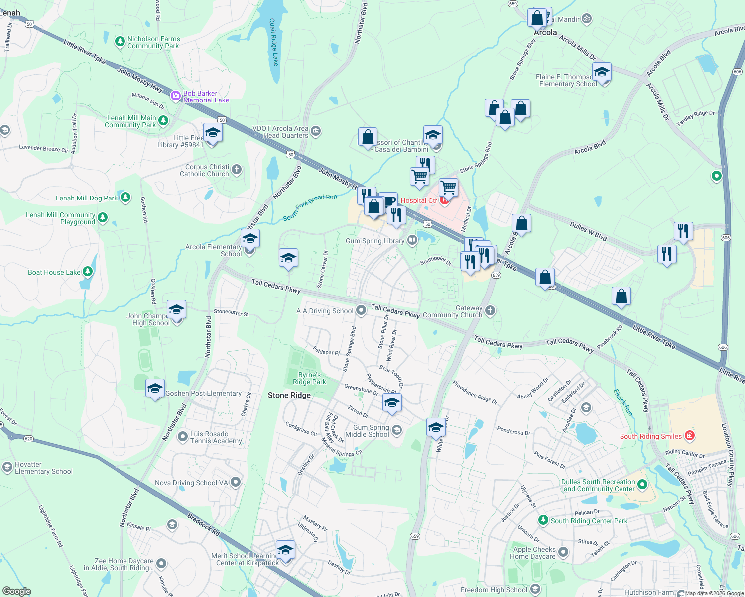 map of restaurants, bars, coffee shops, grocery stores, and more near 24703 Siltstone Square in Stone Ridge