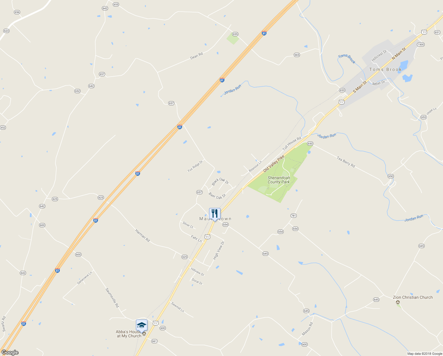 map of restaurants, bars, coffee shops, grocery stores, and more near 141 Black Oak Drive in Maurertown