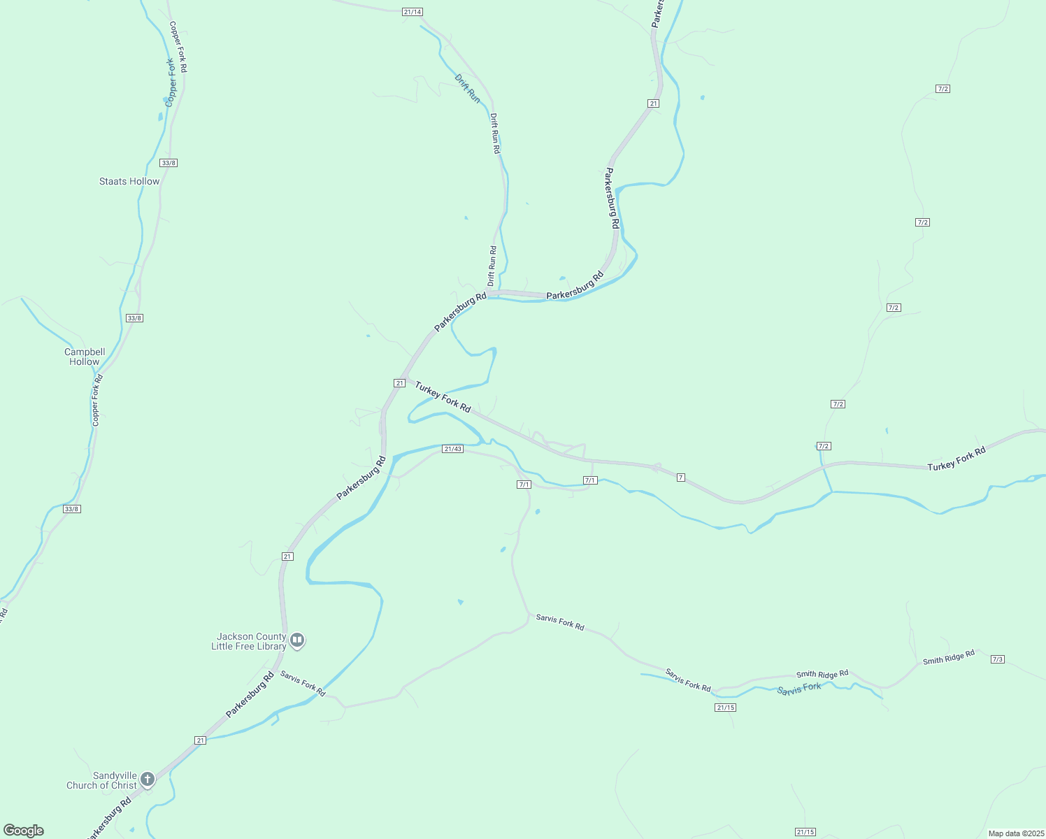 map of restaurants, bars, coffee shops, grocery stores, and more near 437 Turkey Fork Road in Sandyville