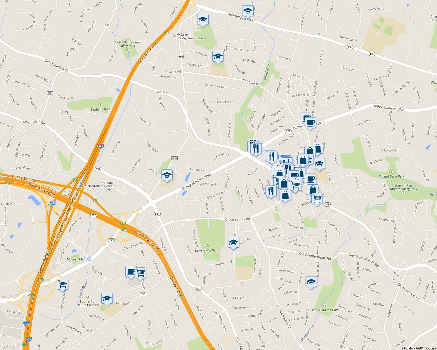 map of restaurants, bars, coffee shops, grocery stores, and more near 1402 Mayflower Drive in McLean