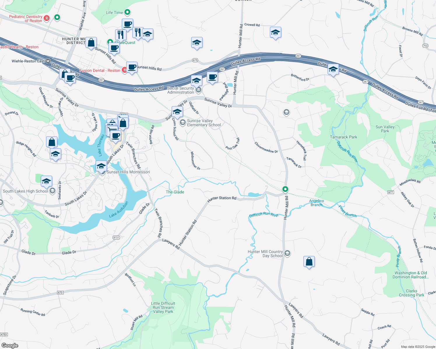 map of restaurants, bars, coffee shops, grocery stores, and more near 10705 Midsummer Drive in Reston