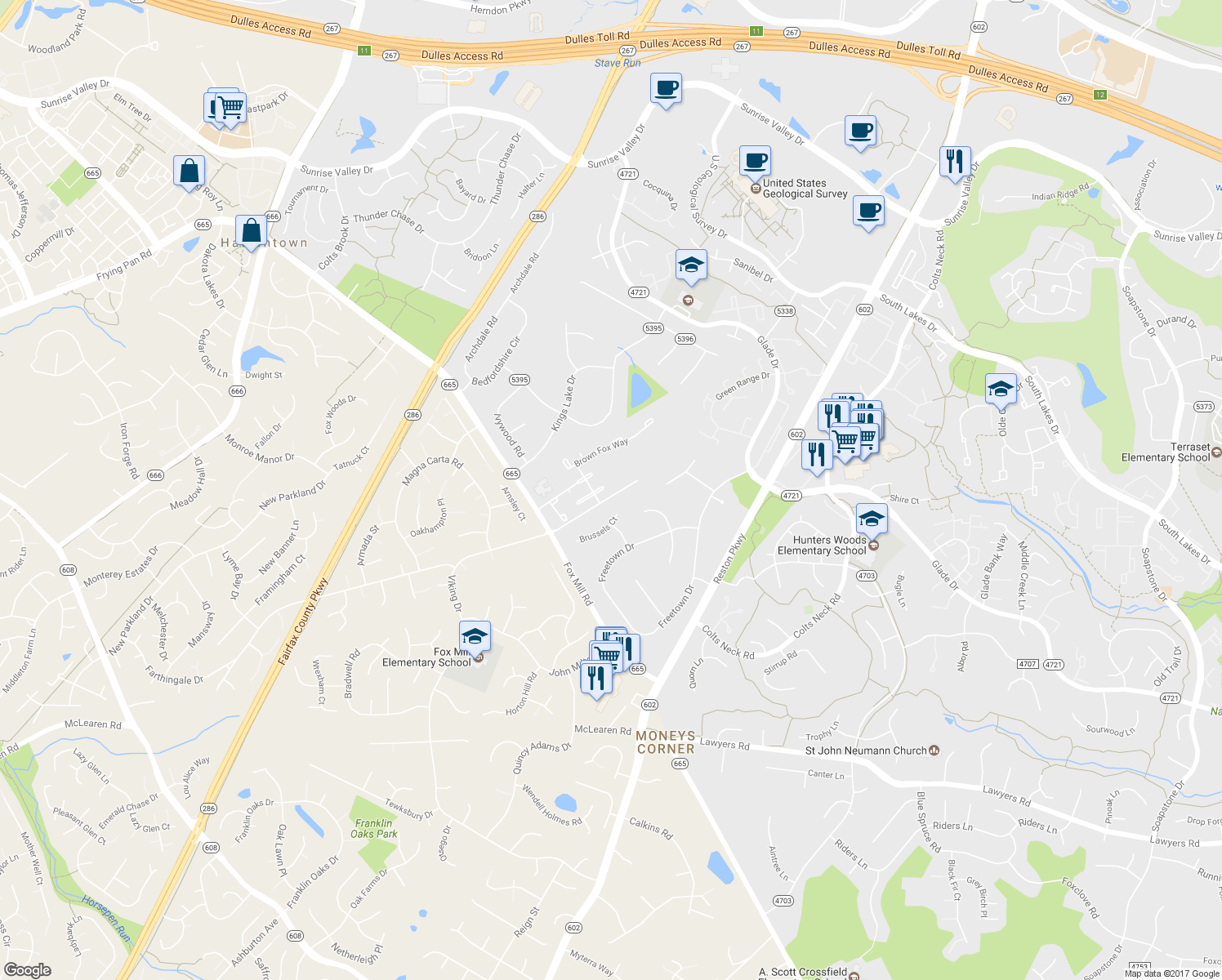 map of restaurants, bars, coffee shops, grocery stores, and more near 2445 Arctic Fox Way in Reston