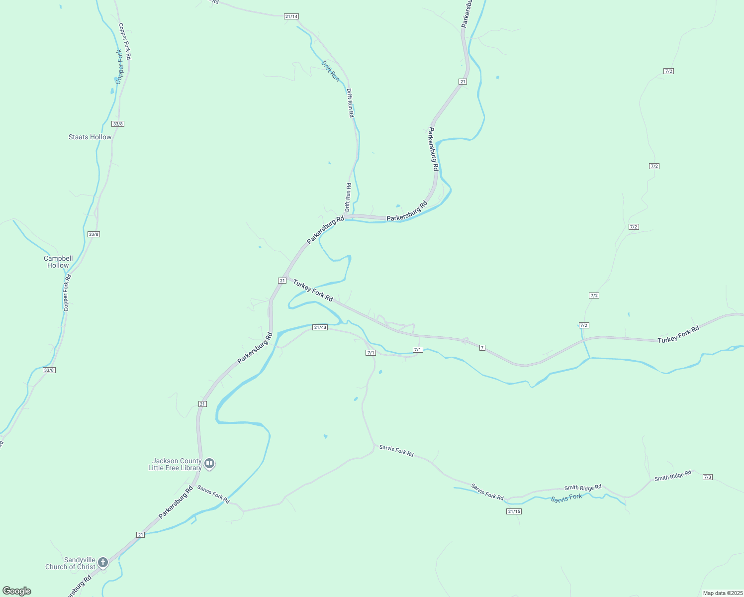 map of restaurants, bars, coffee shops, grocery stores, and more near 437 Turkey Fork Road in Sandyville