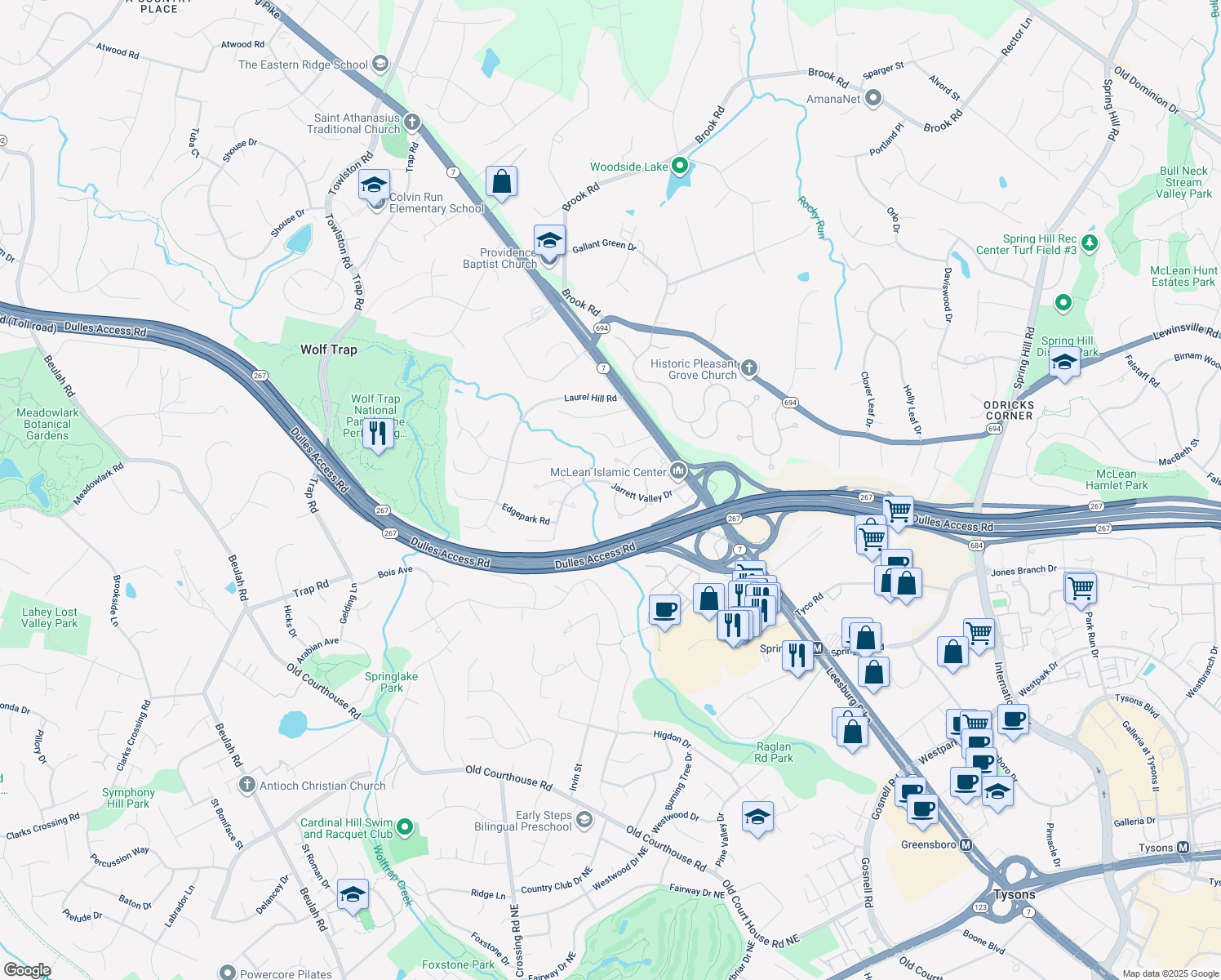 map of restaurants, bars, coffee shops, grocery stores, and more near 1452 Carrington Ridge Lane in Vienna