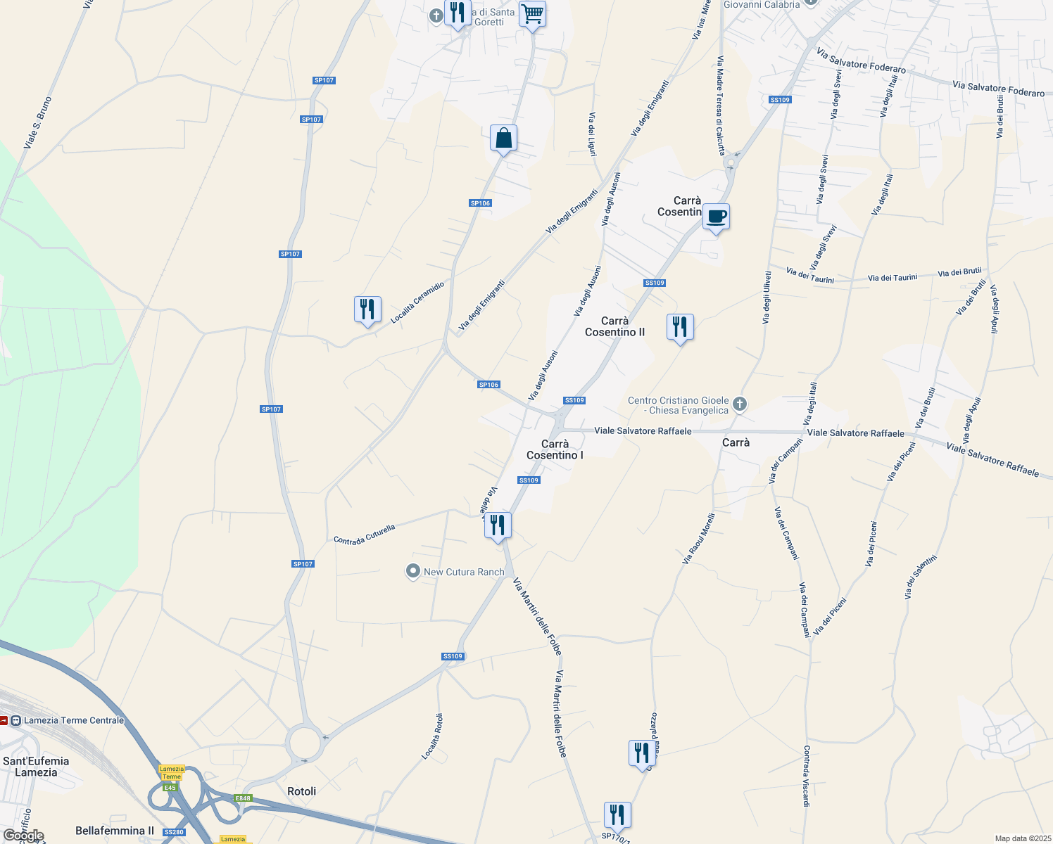 map of restaurants, bars, coffee shops, grocery stores, and more near 1 Via delle Vigne in Carrà Cosentino I