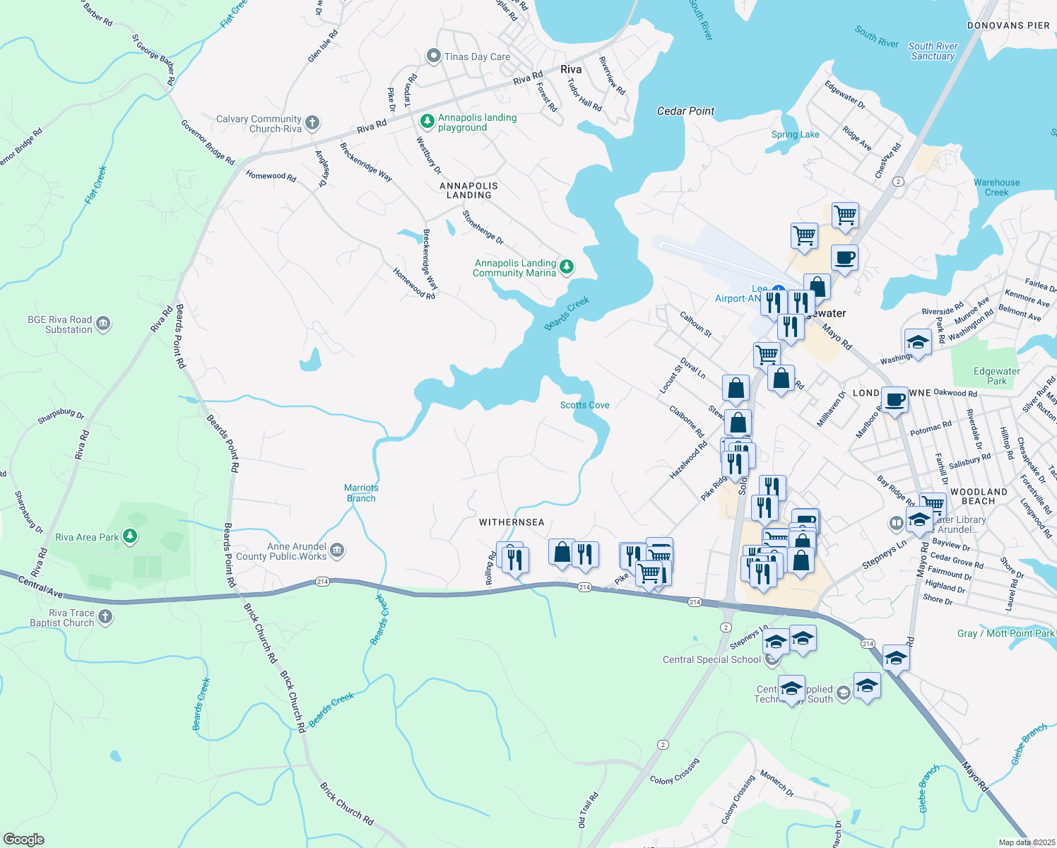 map of restaurants, bars, coffee shops, grocery stores, and more near 3160 Rolling Road in Edgewater