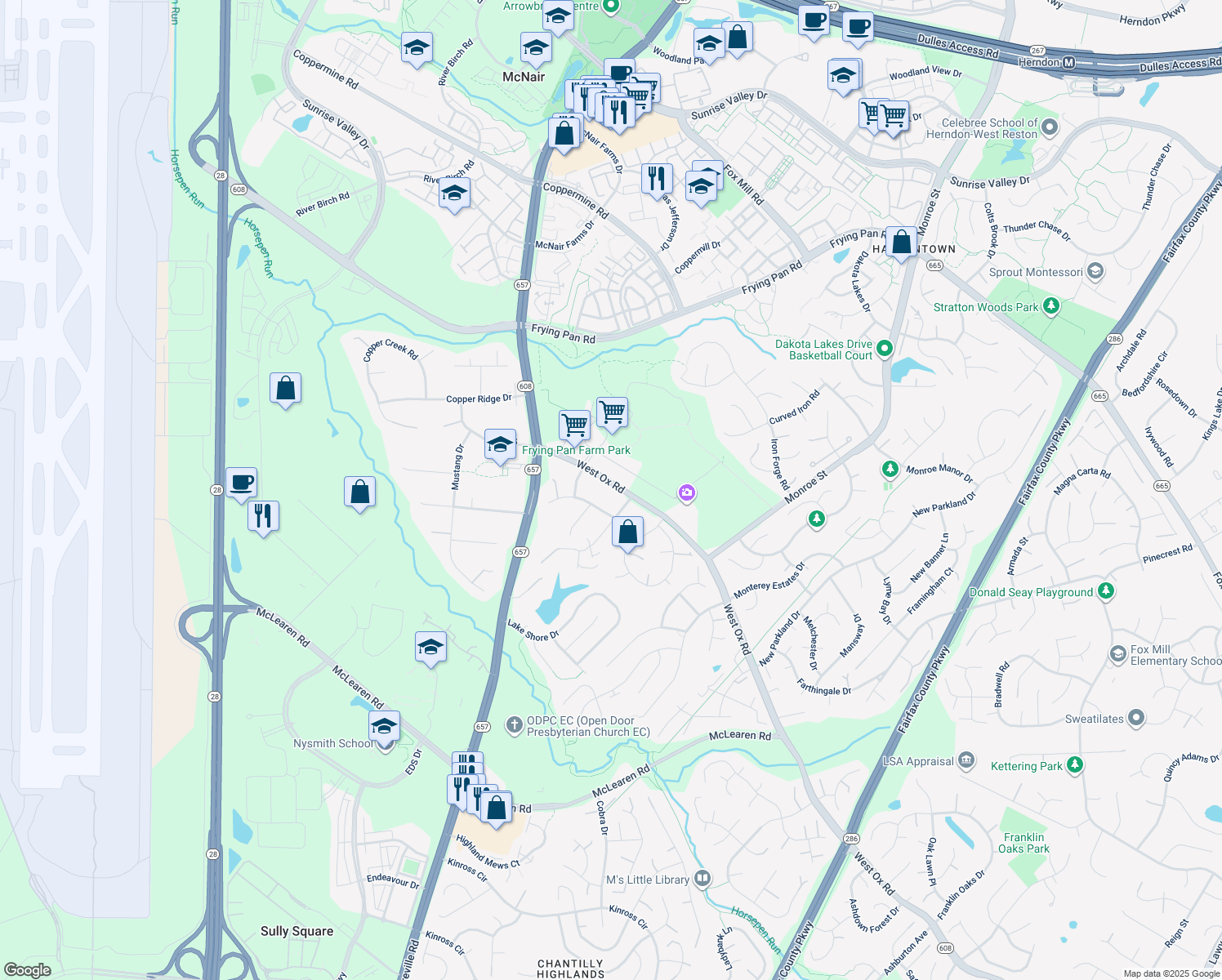 map of restaurants, bars, coffee shops, grocery stores, and more near 2718 W Ox Rd in Herndon