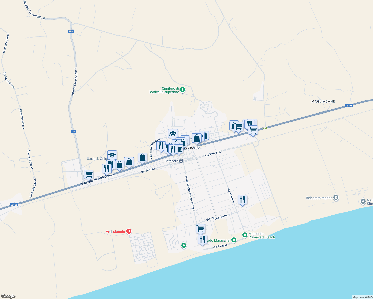 map of restaurants, bars, coffee shops, grocery stores, and more near 1 Via Bologna in Botricello