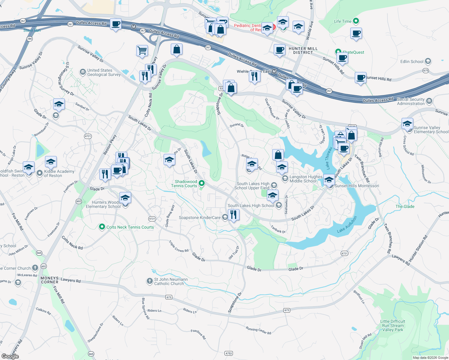 map of restaurants, bars, coffee shops, grocery stores, and more near 2116 Green Watch Way in Reston