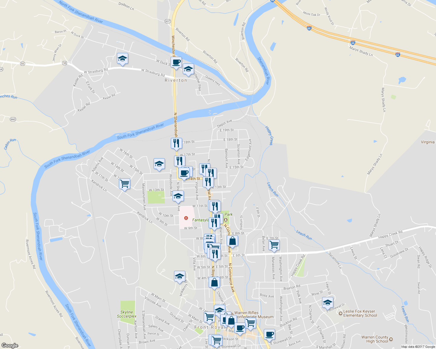 map of restaurants, bars, coffee shops, grocery stores, and more near 1336 Warren Avenue in Front Royal