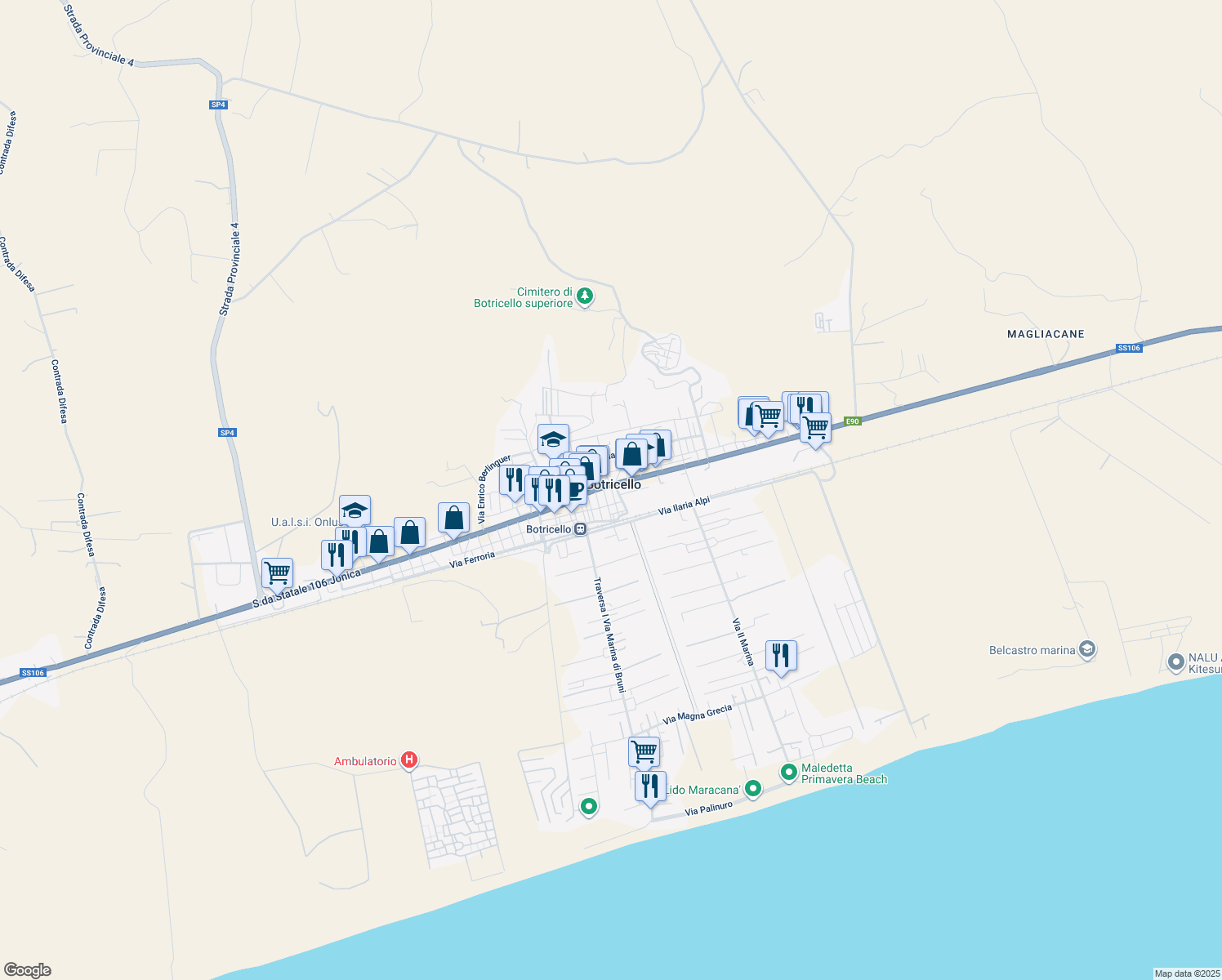 map of restaurants, bars, coffee shops, grocery stores, and more near 1 Via Bologna in Botricello