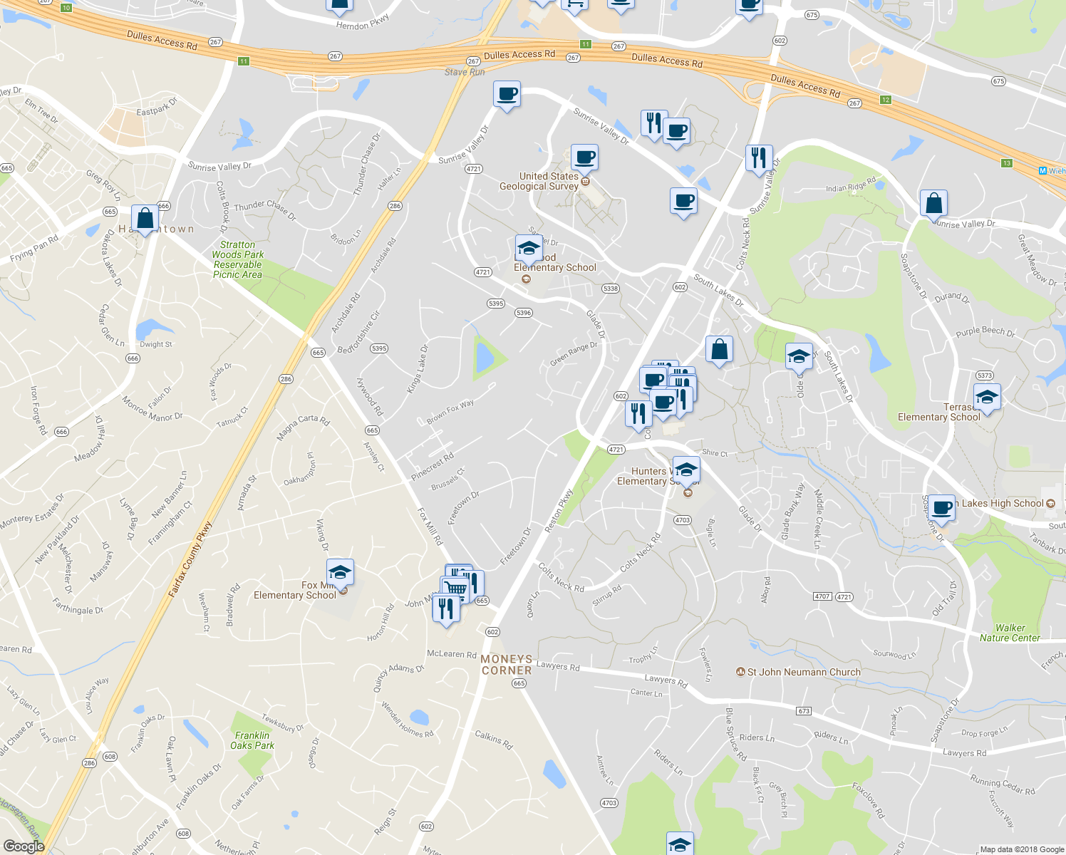 map of restaurants, bars, coffee shops, grocery stores, and more near 2403 Andorra Place in Reston