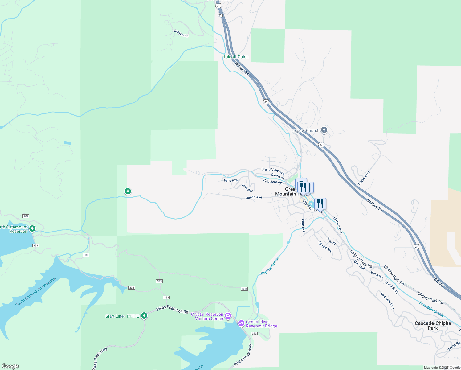 map of restaurants, bars, coffee shops, grocery stores, and more near 11085 Falls Avenue in Green Mountain Falls