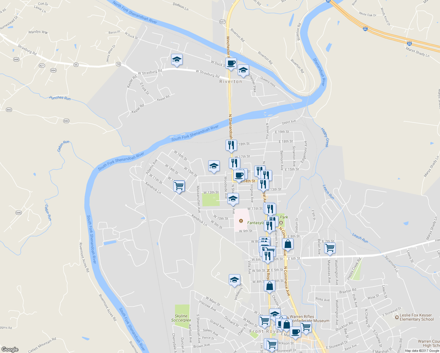 map of restaurants, bars, coffee shops, grocery stores, and more near 418 West 15th Street in Front Royal