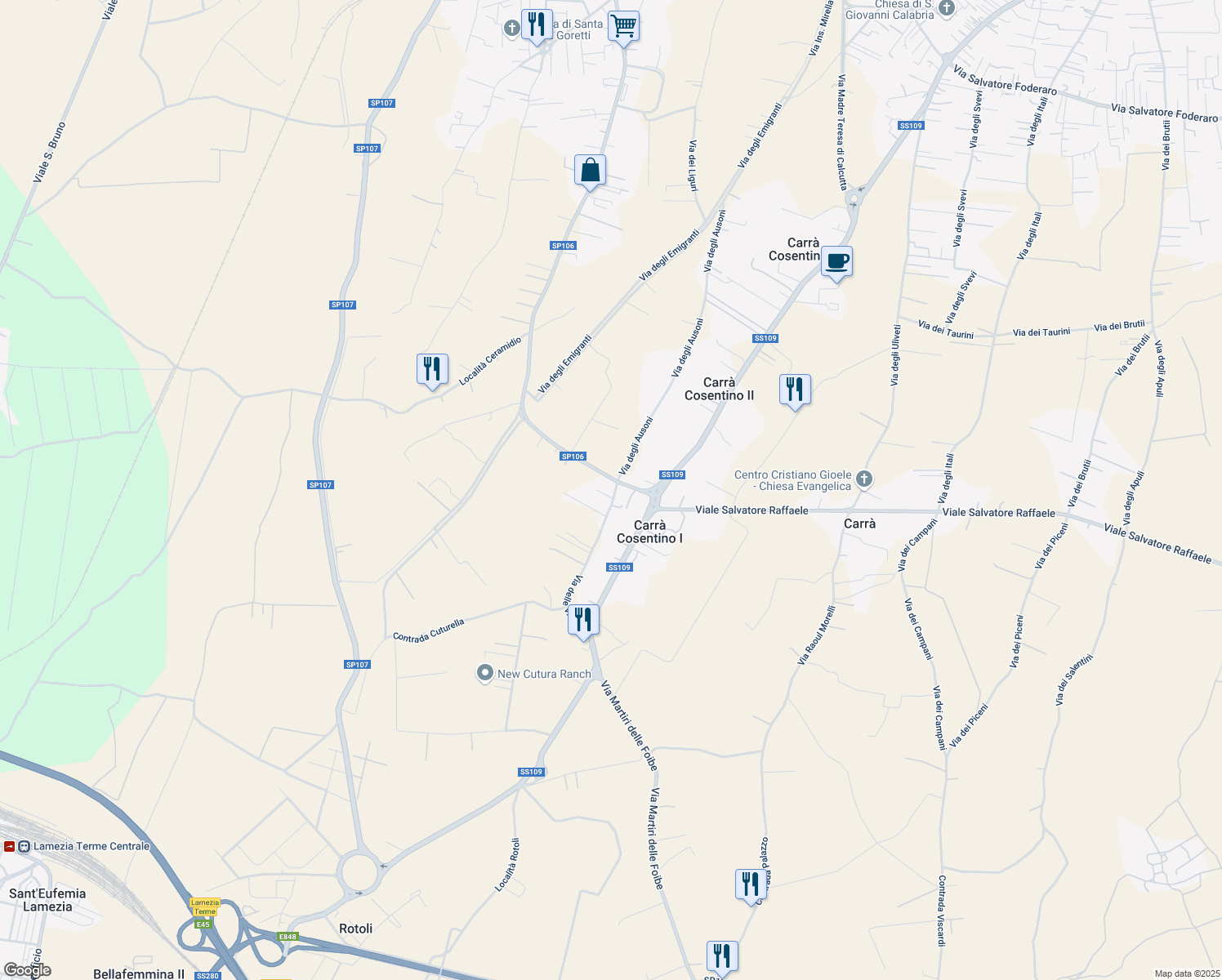 map of restaurants, bars, coffee shops, grocery stores, and more near 1 Via delle Vigne in Carrà Cosentino I
