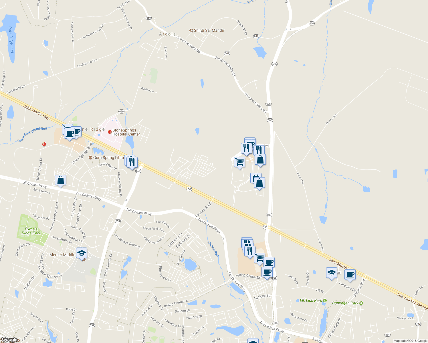 map of restaurants, bars, coffee shops, grocery stores, and more near 42687 Burbank Terrace in Sterling