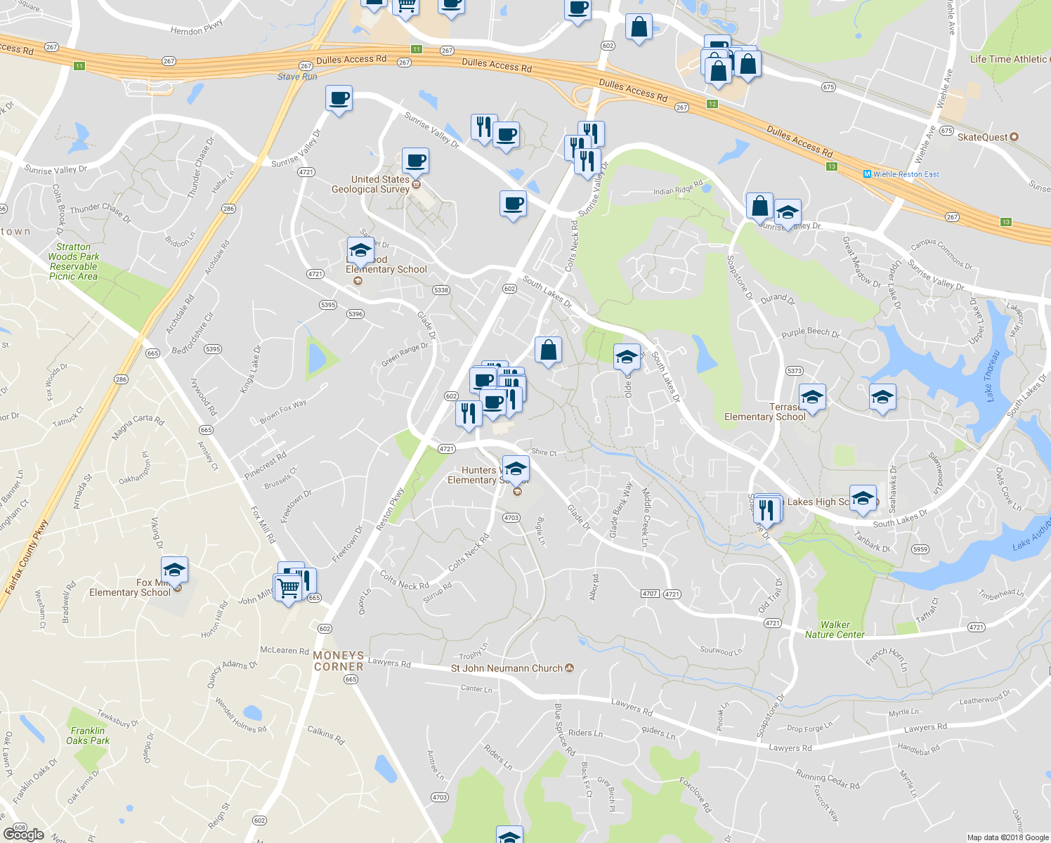 map of restaurants, bars, coffee shops, grocery stores, and more near 11892 Breton Court in Reston