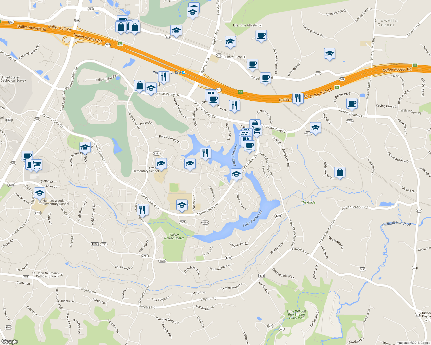 map of restaurants, bars, coffee shops, grocery stores, and more near 2038 Lakebreeze Way in Reston