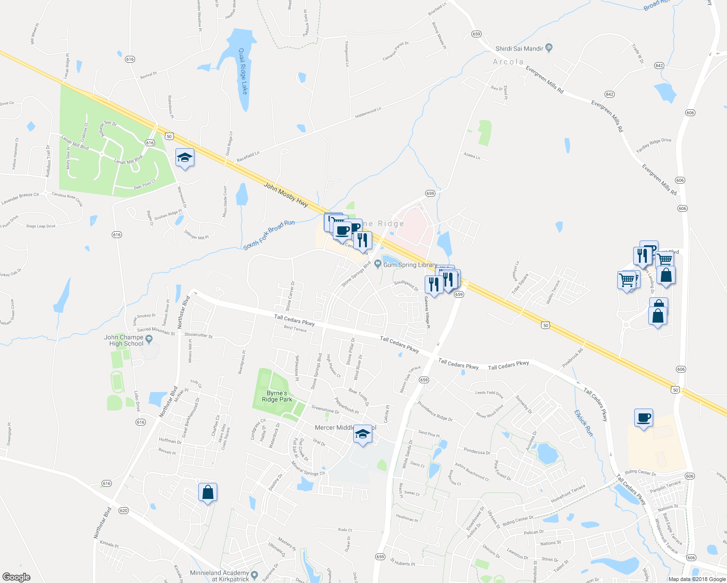 map of restaurants, bars, coffee shops, grocery stores, and more near 24624 Nettle Mill Square in Stone Ridge