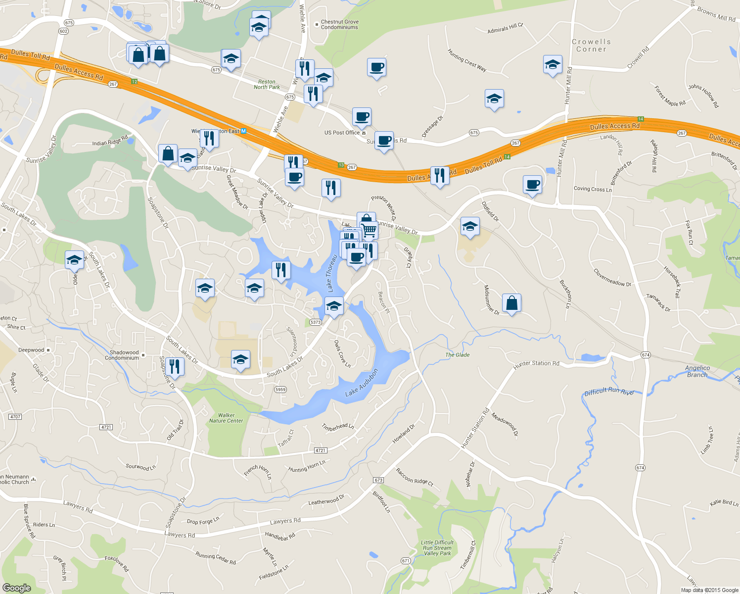 map of restaurants, bars, coffee shops, grocery stores, and more near 2024 Beacon Heights Drive in Reston
