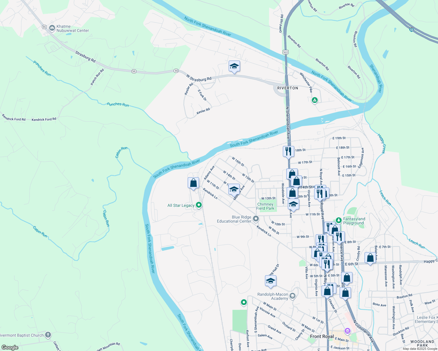 map of restaurants, bars, coffee shops, grocery stores, and more near 823 West 13th Street in Front Royal