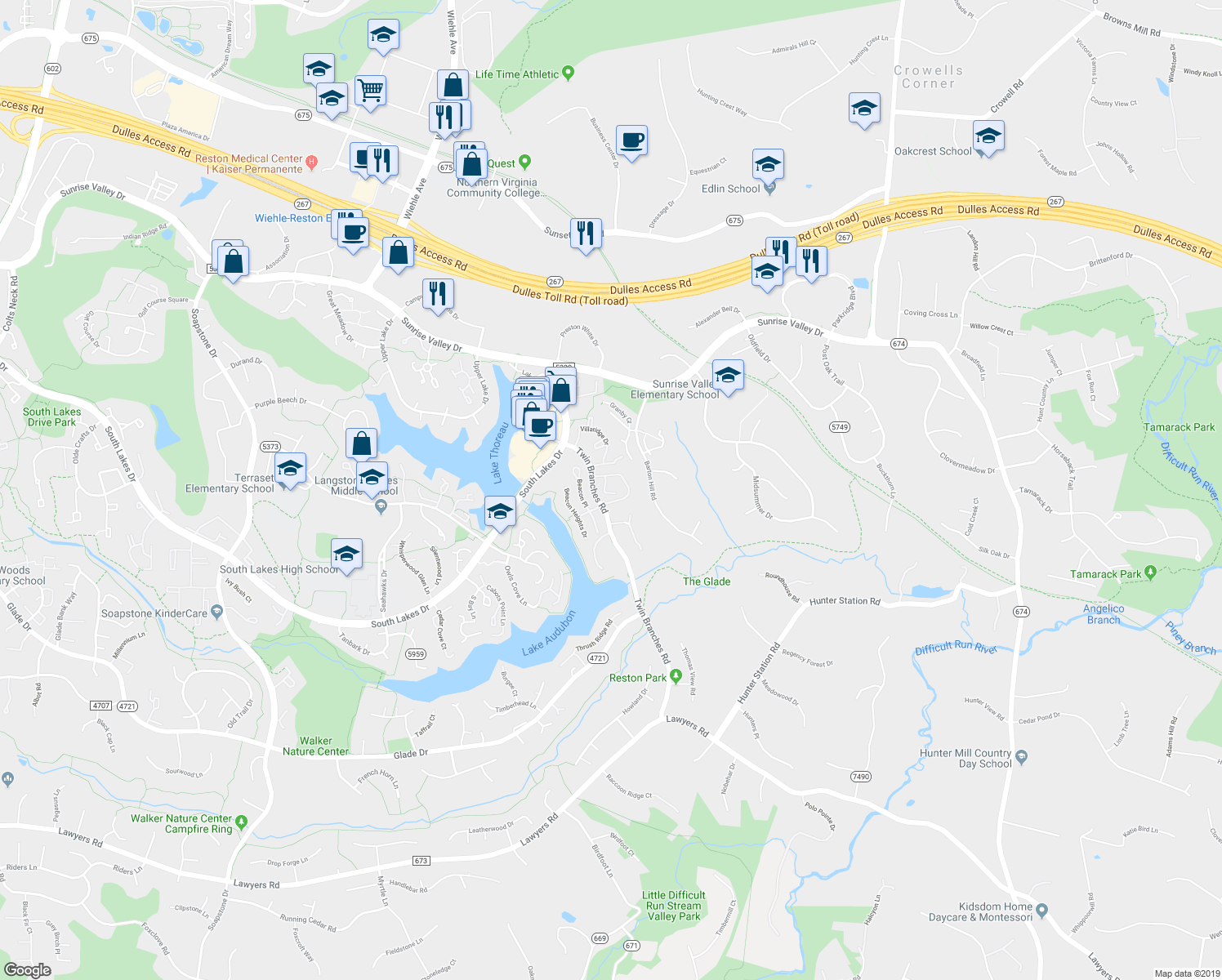 map of restaurants, bars, coffee shops, grocery stores, and more near 1991 Solaridge Court in Reston