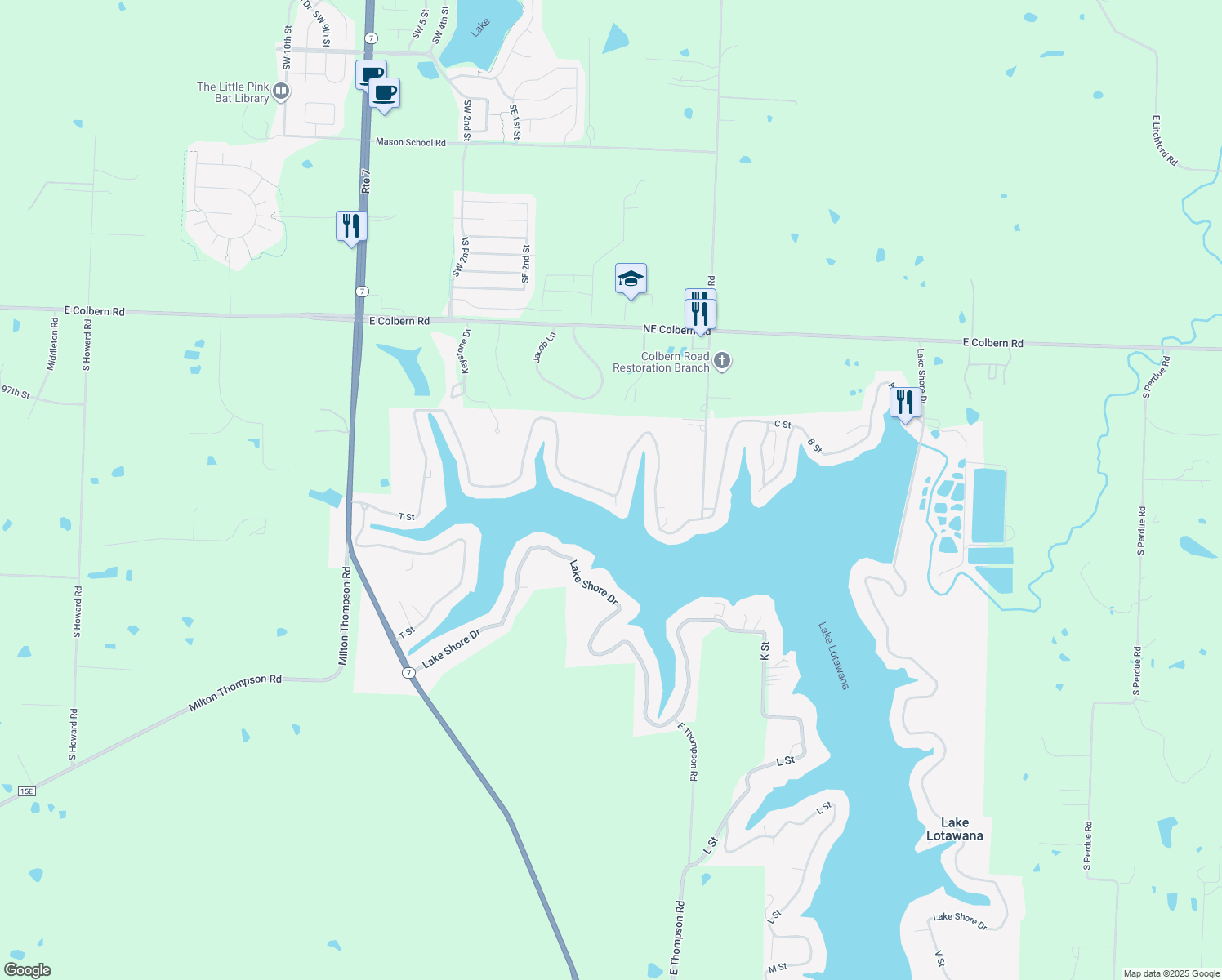 map of restaurants, bars, coffee shops, grocery stores, and more near 35 Lake Shore Drive in Lake Lotawana