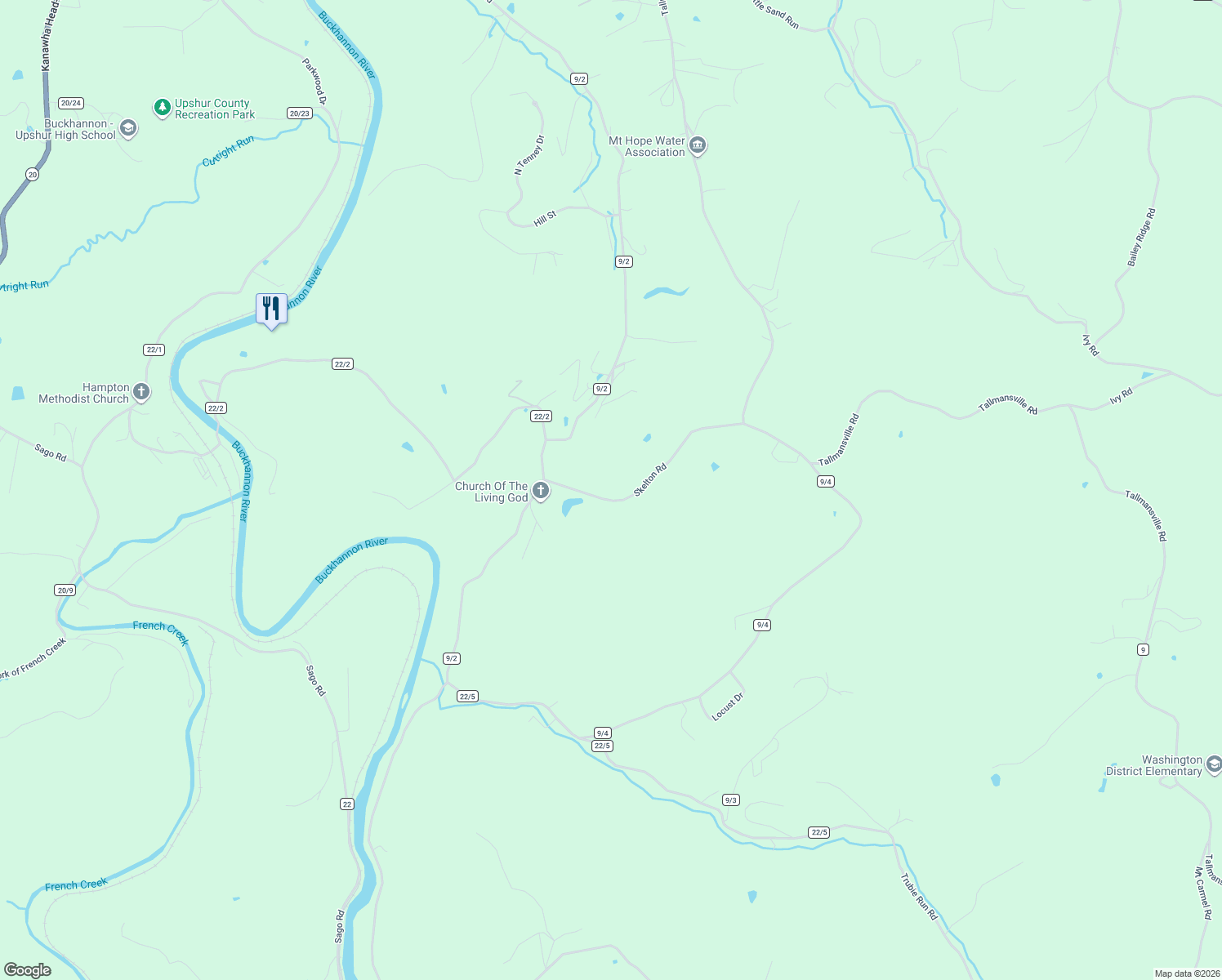 map of restaurants, bars, coffee shops, grocery stores, and more near 440 Skelton Road in Buckhannon