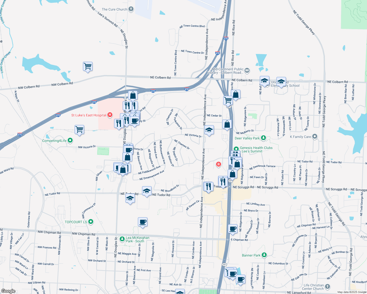 map of restaurants, bars, coffee shops, grocery stores, and more near 1327 Northeast Florence Avenue in Lee's Summit