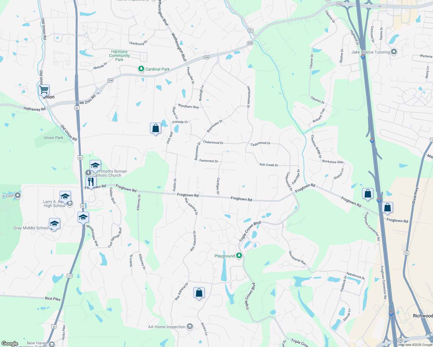 map of restaurants, bars, coffee shops, grocery stores, and more near 10253 Cardigan Dr in Union