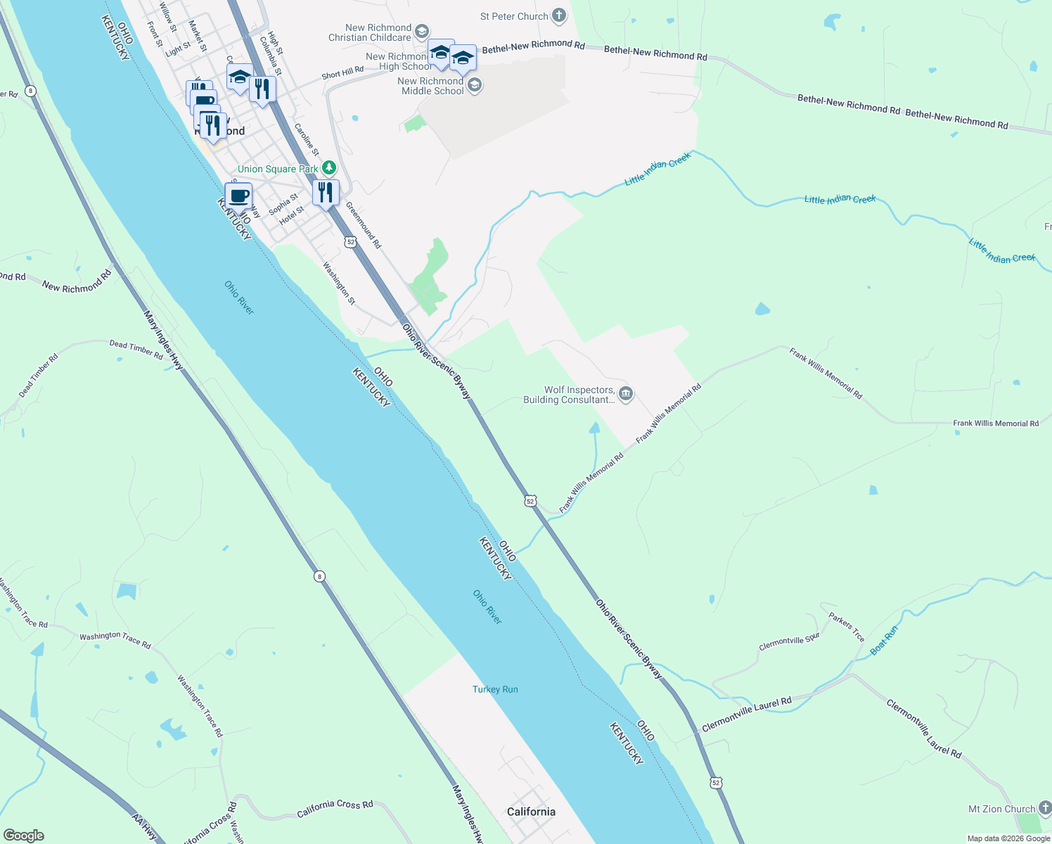 map of restaurants, bars, coffee shops, grocery stores, and more near 1104 U.S. 52 in New Richmond