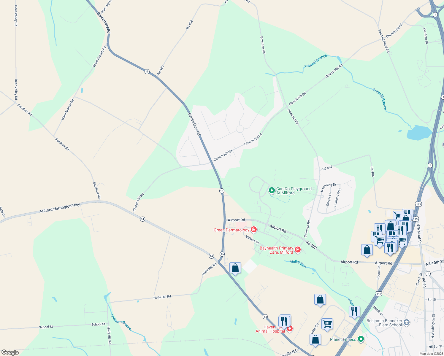 map of restaurants, bars, coffee shops, grocery stores, and more near 700 Canterbury Road in Milford