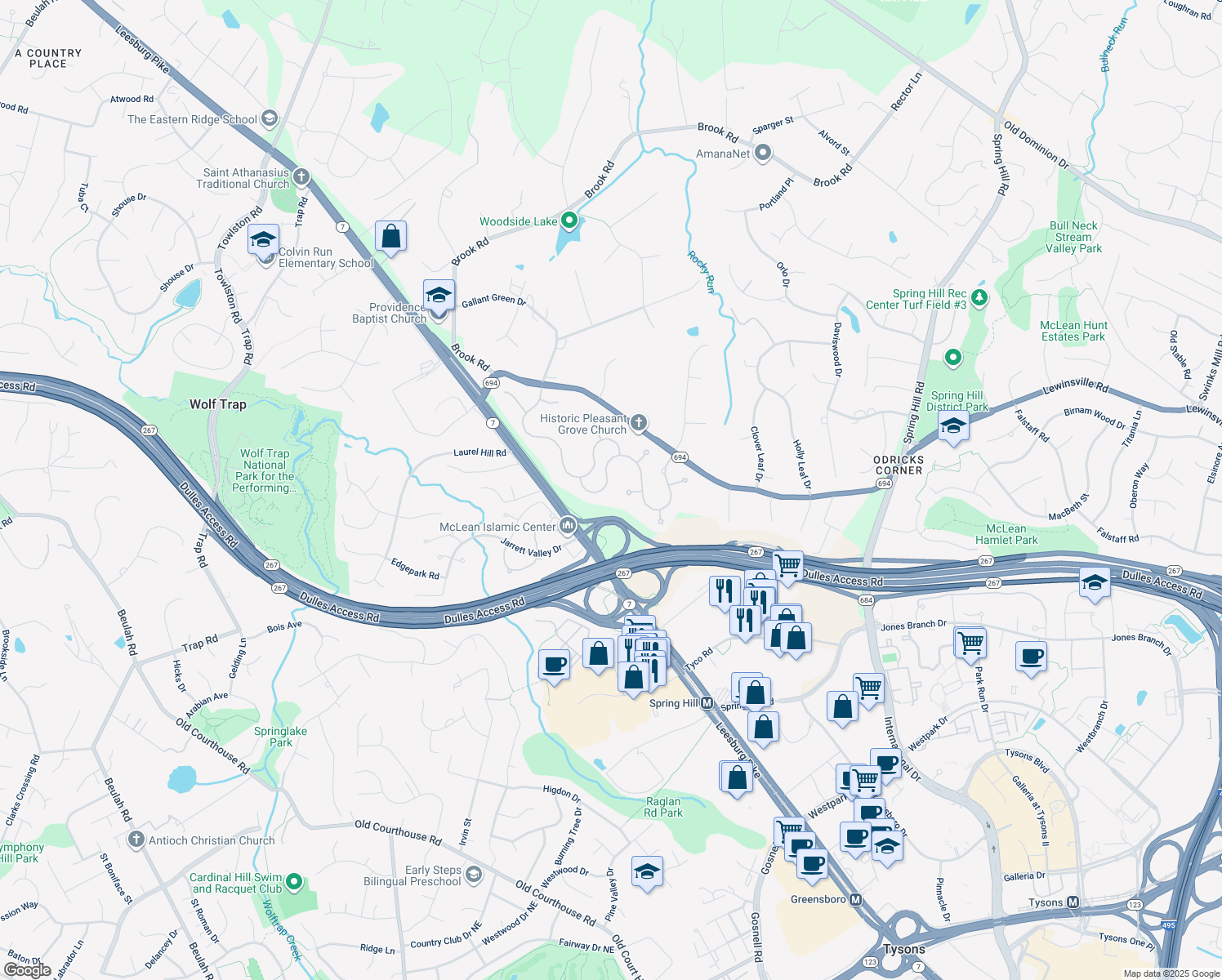 map of restaurants, bars, coffee shops, grocery stores, and more near 1467 Mayhurst Boulevard in McLean