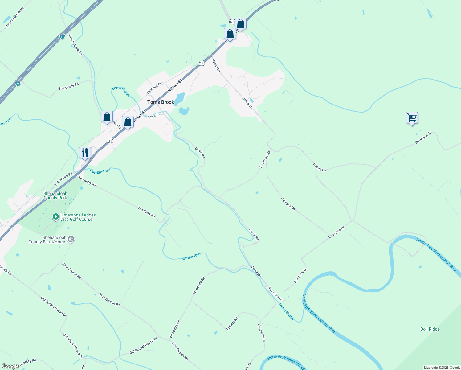 map of restaurants, bars, coffee shops, grocery stores, and more near 1496 Tea Berry Road in Toms Brook