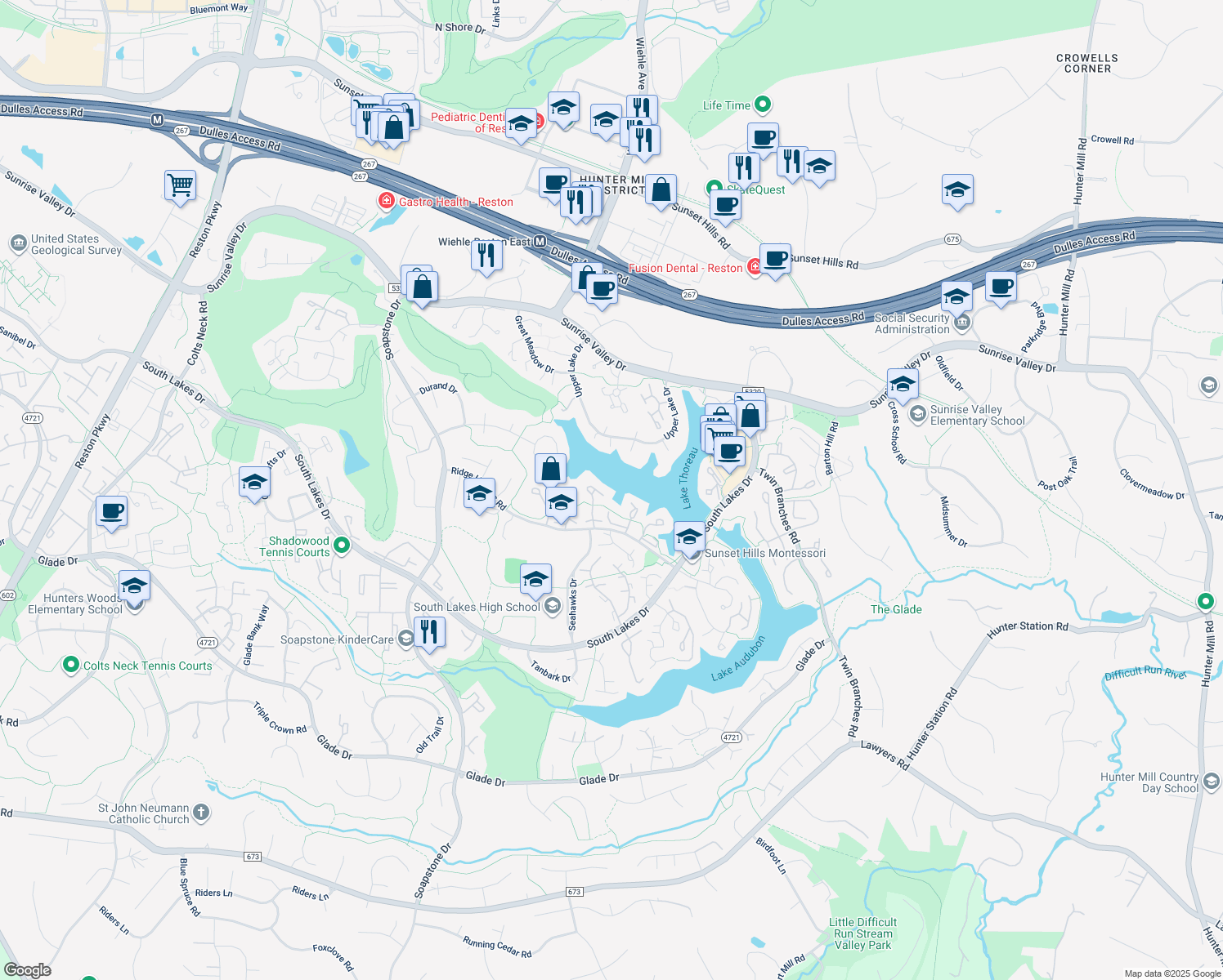 map of restaurants, bars, coffee shops, grocery stores, and more near 2021 Chadds Ford Dr in Reston