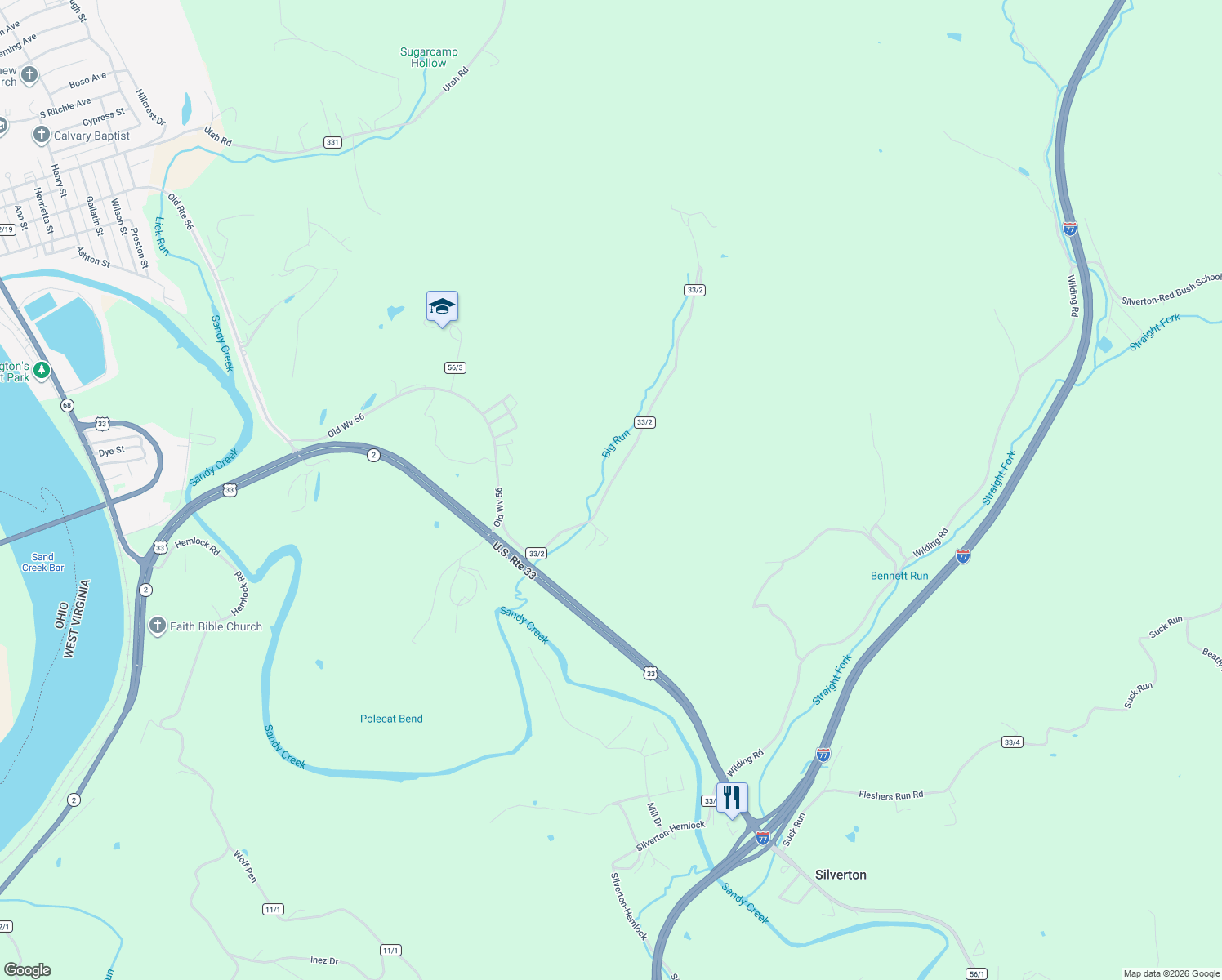 map of restaurants, bars, coffee shops, grocery stores, and more near 464 Butcher Hollow Road in Ravenswood