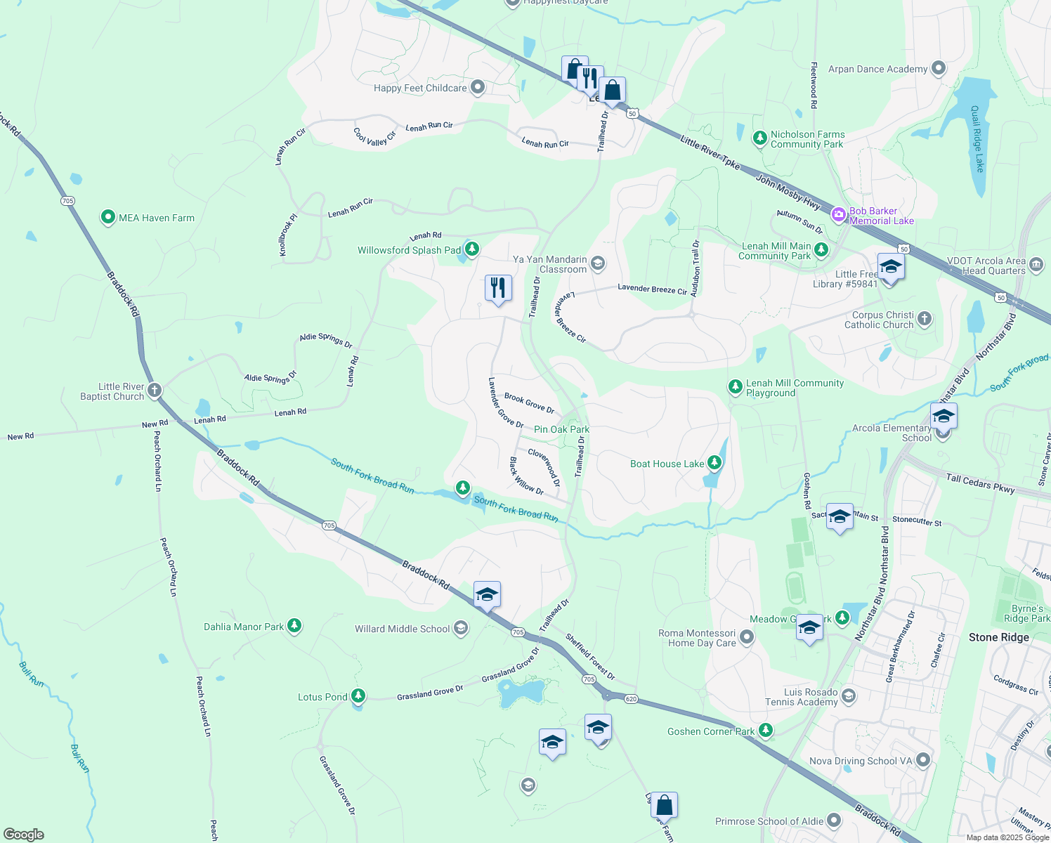 map of restaurants, bars, coffee shops, grocery stores, and more near 24600 Lavender Grove Drive in Aldie